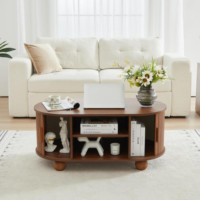 Giratree Mid-Century Modern Rectangle Coffee Table with Storage and Sliding Doors, Fluted Design for Living Room, Dining Room, Apartment, and Home Office (Walnut Finish)