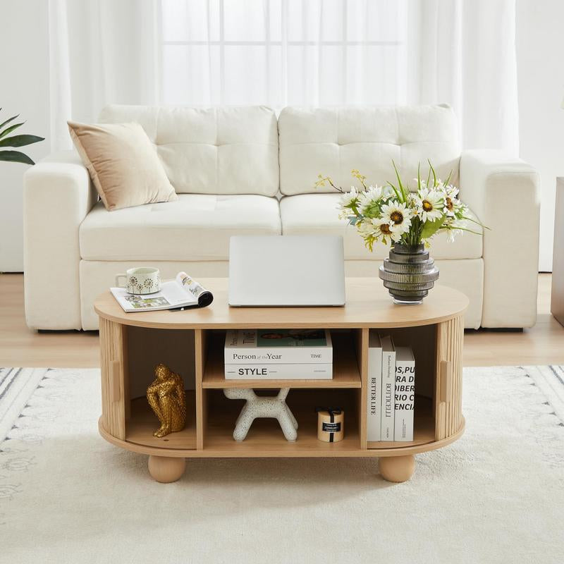 Giratree Mid-Century Modern Rectangle Coffee Table with Storage and Sliding Doors, Fluted Design for Living Room, Dining Room, Apartment, and Home Office (Walnut Finish)