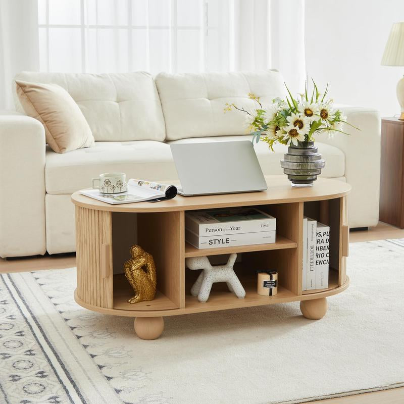 Giratree Mid-Century Modern Rectangle Coffee Table with Storage and Sliding Doors, Fluted Design for Living Room, Dining Room, Apartment, and Home Office (Walnut Finish)