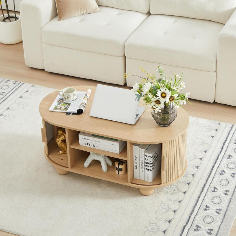Giratree Mid-Century Modern Rectangle Coffee Table with Storage and Sliding Doors, Fluted Design for Living Room, Dining Room, Apartment, and Home Office (Walnut Finish)