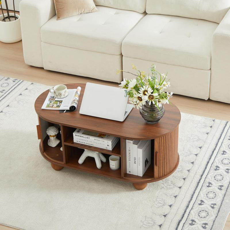 Giratree Mid-Century Modern Rectangle Coffee Table with Storage and Sliding Doors, Fluted Design for Living Room, Dining Room, Apartment, and Home Office (Walnut Finish)