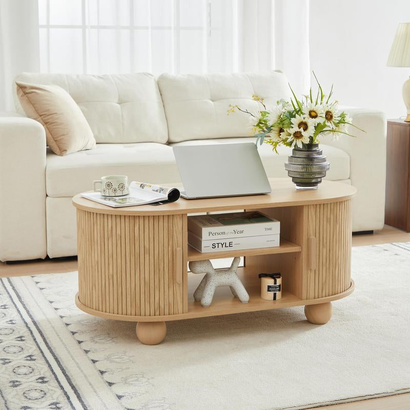 Giratree Mid-Century Modern Rectangle Coffee Table with Storage and Sliding Doors, Fluted Design for Living Room, Dining Room, Apartment, and Home Office (Walnut Finish)