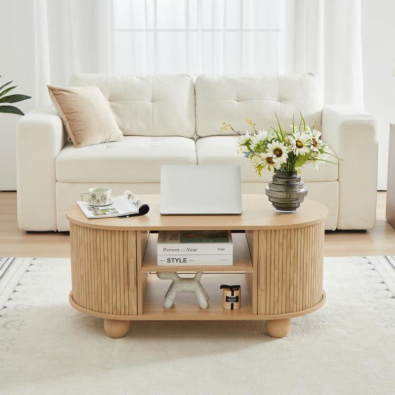 Giratree Mid-Century Modern Rectangle Coffee Table with Storage and Sliding Doors, Fluted Design for Living Room, Dining Room, Apartment, and Home Office (Walnut Finish)