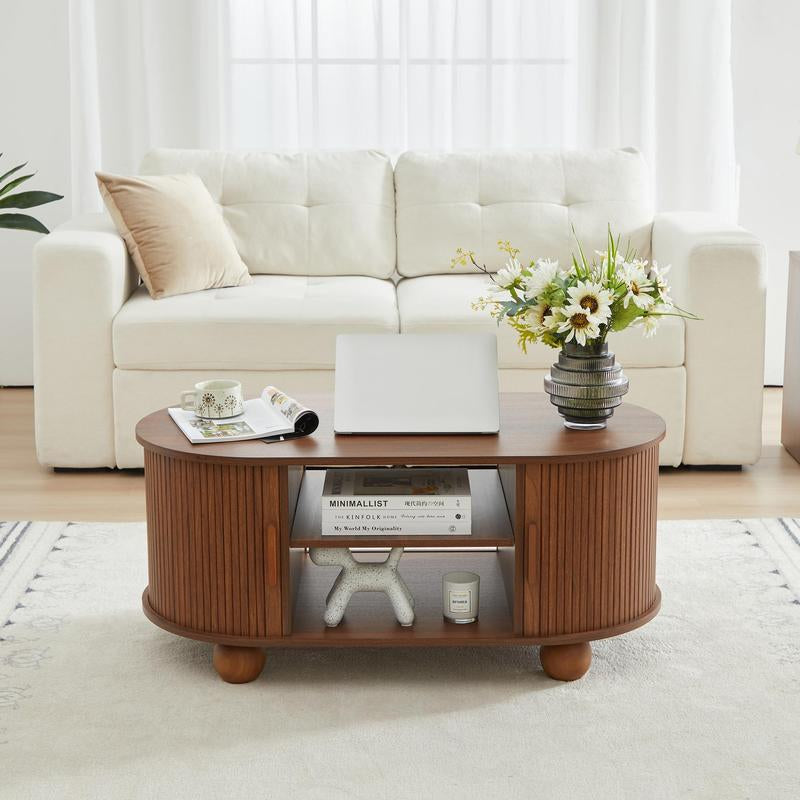 Giratree Mid-Century Modern Rectangle Coffee Table with Storage and Sliding Doors, Fluted Design for Living Room, Dining Room, Apartment, and Home Office (Walnut Finish)