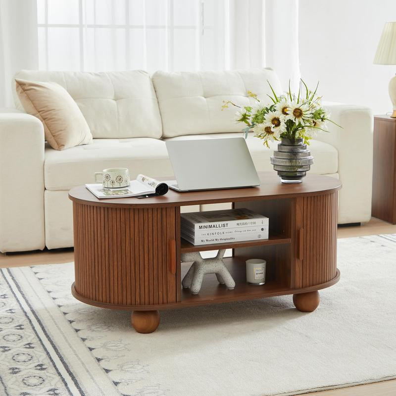 Giratree Mid-Century Modern Rectangle Coffee Table with Storage and Sliding Doors, Fluted Design for Living Room, Dining Room, Apartment, and Home Office (Walnut Finish)