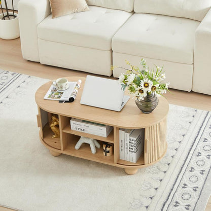 Giratree Mid-Century Modern Rectangle Coffee Table with Storage and Sliding Doors, Fluted Design for Living Room, Dining Room, Apartment, and Home Office (Walnut Finish)