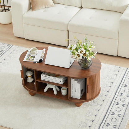 Giratree Mid-Century Modern Rectangle Coffee Table with Storage and Sliding Doors, Fluted Design for Living Room, Dining Room, Apartment, and Home Office (Walnut Finish)