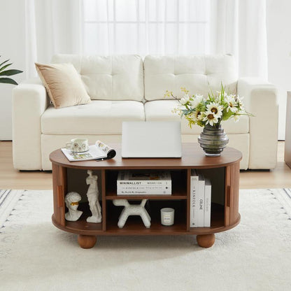 Giratree Mid-Century Modern Rectangle Coffee Table with Storage and Sliding Doors, Fluted Design for Living Room, Dining Room, Apartment, and Home Office (Walnut Finish)